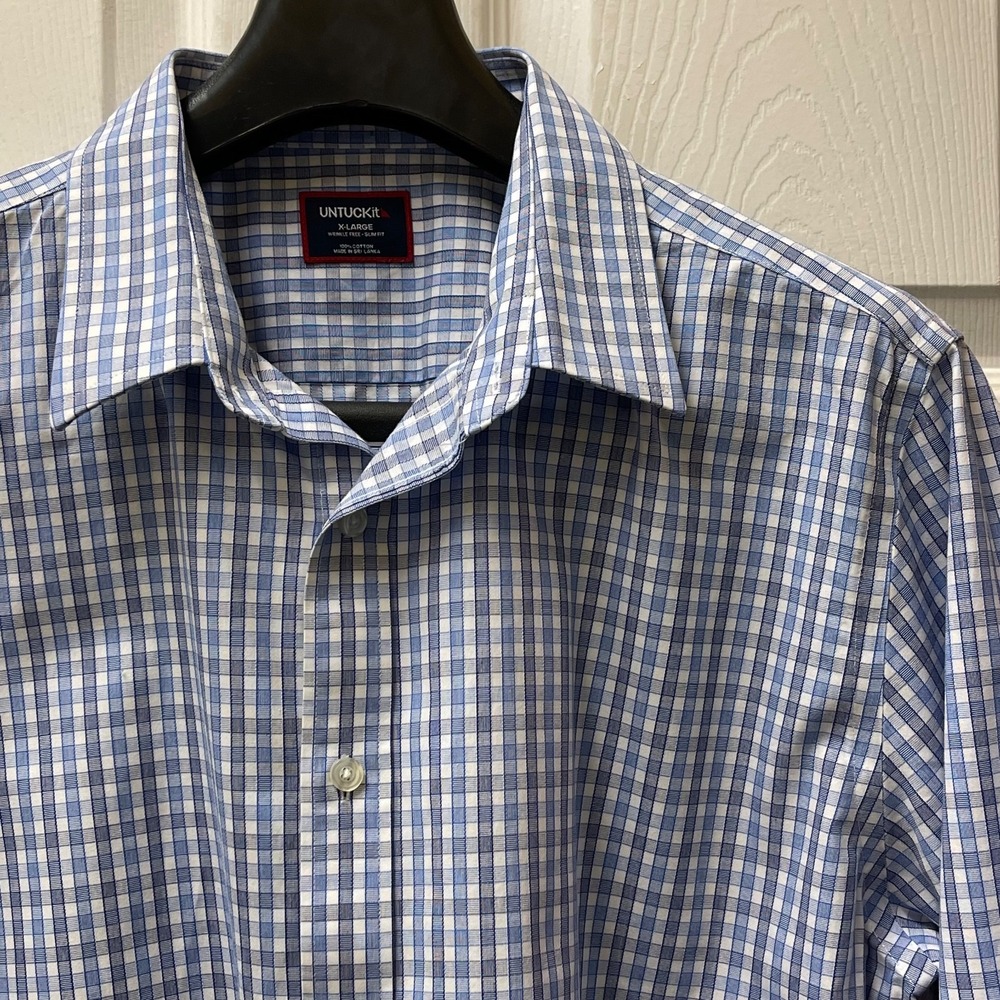 Untuckit Shirt Mens XL White Blue Plaid Long Sleeve Button Up Wrinkle Free Slim